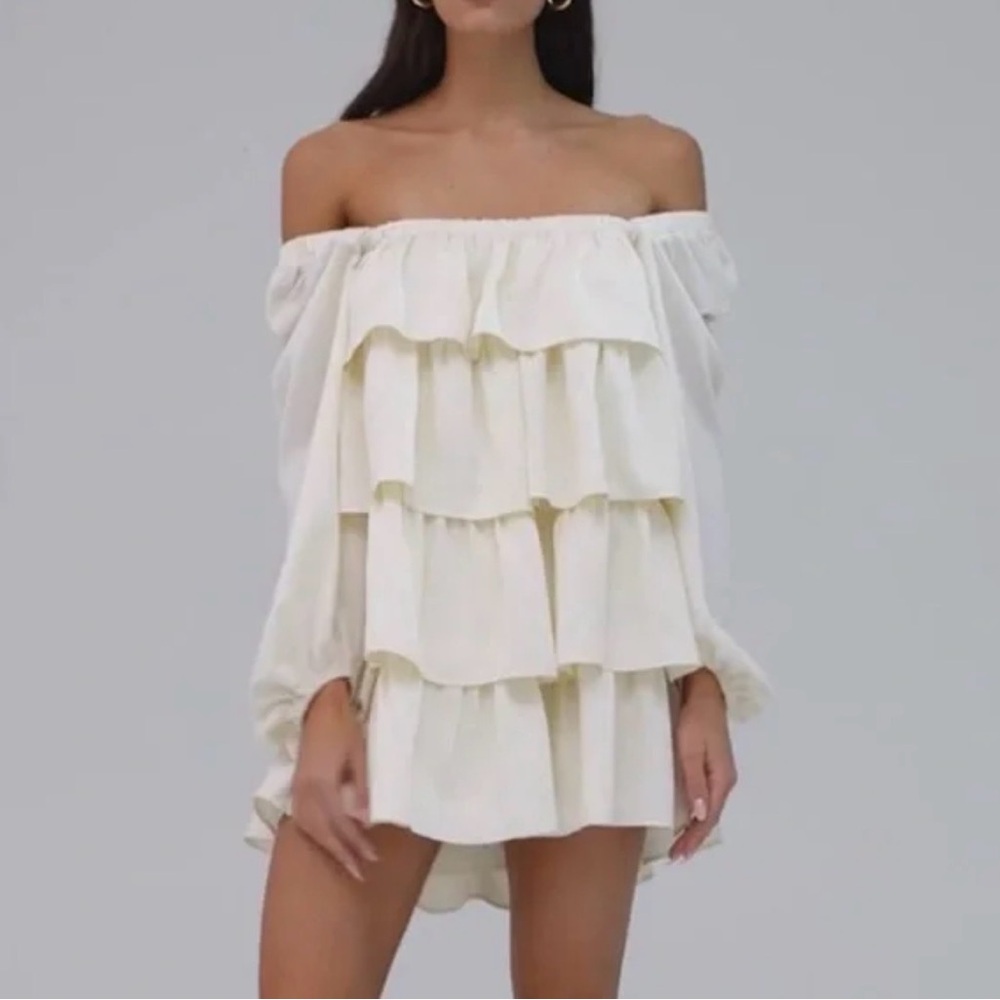 Elegant Off-Shoulder Cream Dress Boho Ruffle Dress